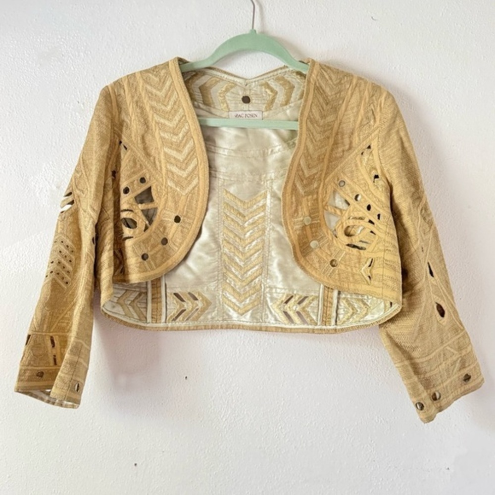 Zac Posen Vintage 2006 Runway Silk & Linen Tan Embroidered Cutout Bolero Jacket